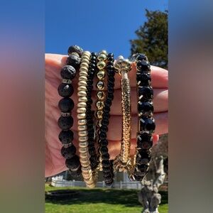 7 Black/Gold Crystal Lava Heishi Stretch Stackable Layering Bracelets